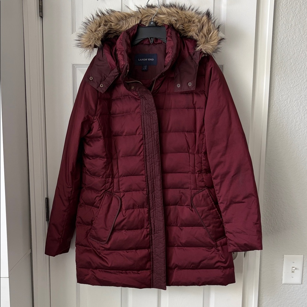 Lands' End Women's Burgundy Quilted Puffer Coat with Faux Fur Hood